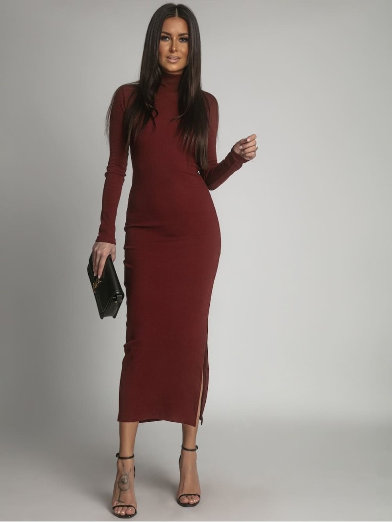 Cotton fitted maxi dress with a turtleneck, burgundy FG680